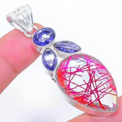 Rosa Rutilo Quarzo, Tanzanite Gemma 925 Argento Sterling Gioielli Ciondolo - Immagine 1 di 4