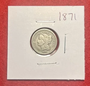 1871 Three 3 Cent Nickel Piece 3C US Antique Type Coin - Picture 1 of 2