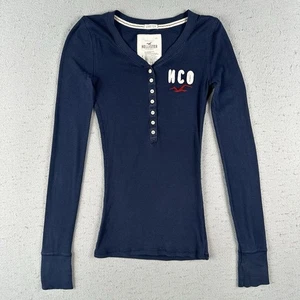 Y2K Hollister Henley Shirt Women’s Small Navy Blue Stretch Ribbed Logo - Picture 1 of 17