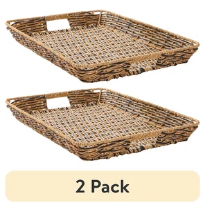 (2 pack) Beige and Black Resin Rattan Rectangular Serving Tray - Picture 1 of 7