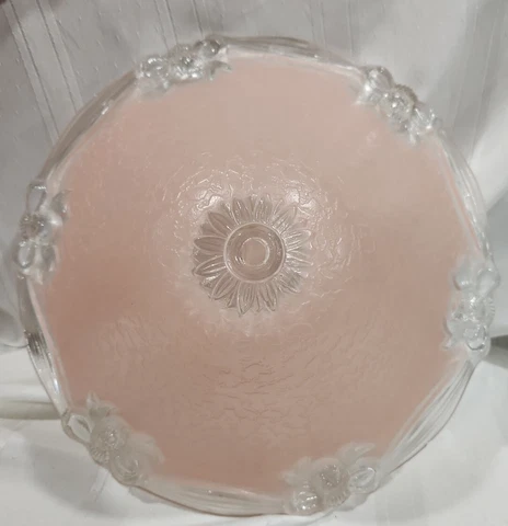 Vtg Light Shade Frosted PINK Glass Art Deco Ceiling Globe Lamp 12" clear bowtrim Cover