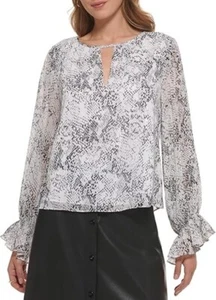 DKNY Blouse Top Snake Print Long Sleeves V Neck Fuffle Cuff Ivory Multi Size XL - Picture 1 of 4