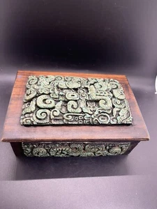 Zarebski Mayan Aztec Mexican Greenstone Malachite Turquoise Wood Trinket Box - Picture 1 of 7