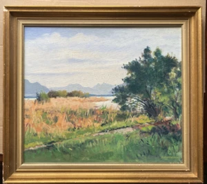 ::PINTURA AL ÓLEO S. HARTMANN CAMPO LAGO ÁRBOL MONTAÑAS NATURALEZA VERANO FLORES BRILLANTES ARMONIOSAS - Imagen 1 de 8