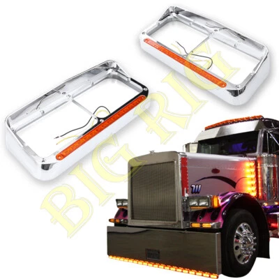 Chrome Headlight Bezel for Kenworth T600 W900 w/Amber LED Bar+Lens - Image 1 of 4