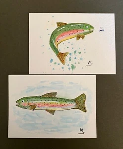 2 Rainbow Trout ORIGINAL ACEO Painting, Fish art, Trout Art - Picture 1 of 3