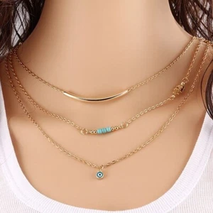 Multi Layer Turquoise Necklace-Triple Layered Gold PLD Necklace Chain-Gift - Picture 1 of 15