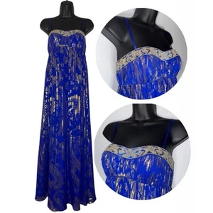 Aiden Mattox Royal Blue Silk & Metallic Gold Floor Length Beaded Gown VTG - Picture 1 of 10