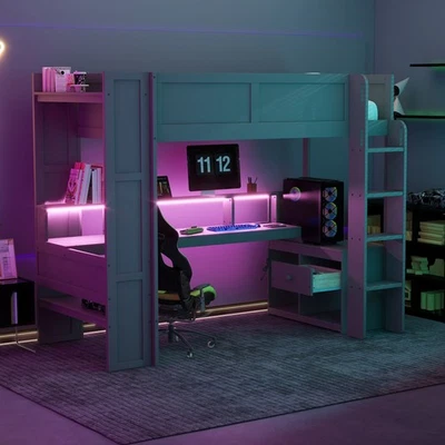 Wood Twin Size Gaming Loft Bed with Desk, Multi-storage Shelves,LED and Charging - Image 1 of 4