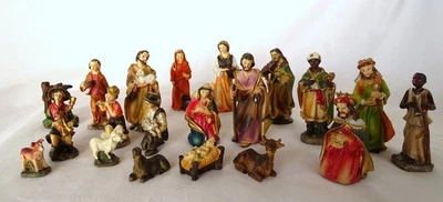 Large Resin Nativity Set Christmas Figurines 20 Pieces in Vintage Musical Tin - Image 1 of 4