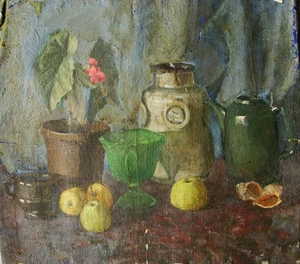 Ukrainian Soviet Oil Painting realism Still Life teapot vase early 1950s - Picture 1 of 5