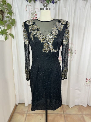 Vtg 80s Scala Beaded Sequin Silk Dress Evening Cocktail Gala Statement sz L/10 - Image 1 of 4