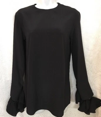 Blusa Nina Ricci Negra Seda Manga Larga Volantes Separados Puño Dividido Crew talla 36 Foto 1 de 4