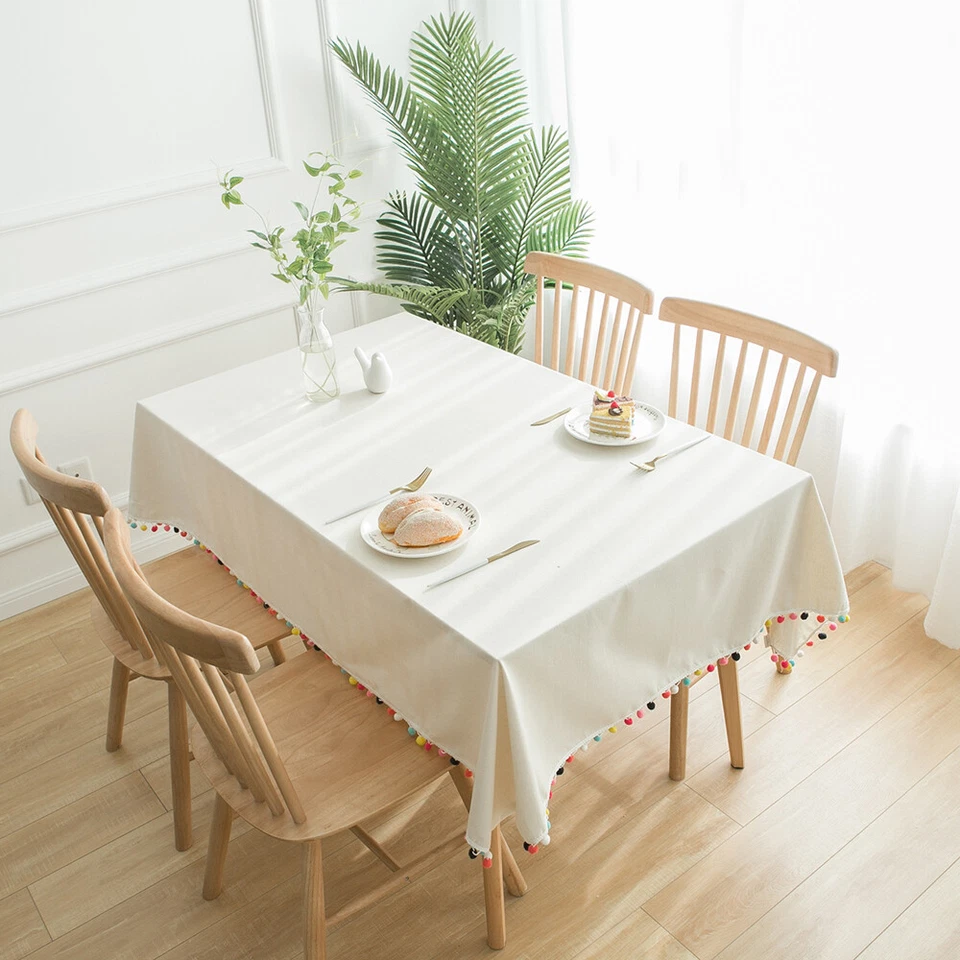 Rectangle Tablecloth Tassel Pom Table Cloth Covers Kitchen Dining Wedding Decor - Image 1 of 4