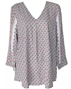 New J Jill Tunic Top Womens S Orange Grey Geometric Floral Rayon V Neck Boho - Picture 1 of 11