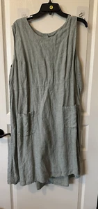 Womens Flax Linen Sleeveless Lagenlook Modest Midi Woven Green Chevron Dress - Picture 1 of 6