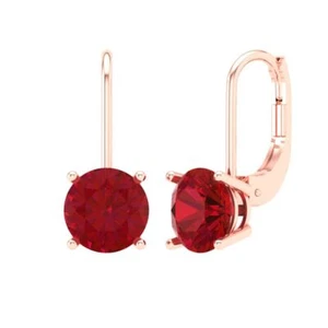 3 Round Solitaire Classic Drop Dangle Designer Ruby Earrings 14k Rose Pink Gold - Picture 1 of 11