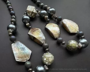 Vintage Rainbow Shell 4, Mozaic & grey ball beaded Statement Necklace 33” - Picture 1 of 6