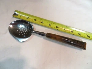 VINTAGE DRAIN R CUT SLOTTED SERVING SPOON WITH  MARBLED Bakelite ? HANDLE - Picture 1 of 4