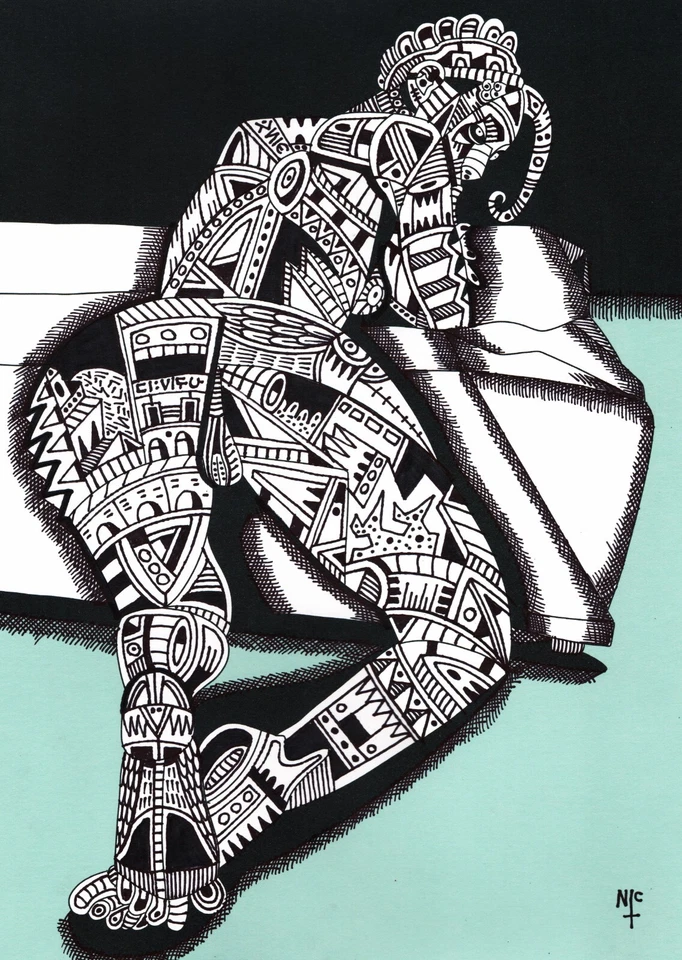 12 x 17 pulgadas, pintura, abstracto tribal, cubista, dibujado a mano en papel de arte, DESNUDO  Foto 1 de 1