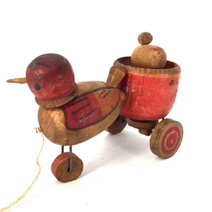 Vintage Antique Pull Toy Wood Duck Spinning Chick in Painted Bucket w Wheels - Picture 1 of 7