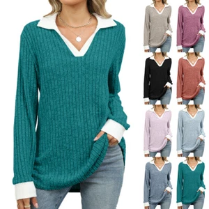 PLUS SIZE Ladies Long Sleeve Jumper Knitted V Neck Tops Loose Pullover Shirts UK - Picture 1 of 51