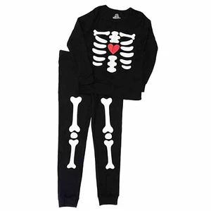 Halloween Skeleton Pajamas Kids L 10-12 Black Pajama Set PJs Sleepwear Heart NEW - Picture 1 of 4