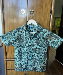 Boy's Sz 10 Indonesian Pattern 100% Cotton Button Tee Teal Dragons Wood Buttons - Picture 1 of 11