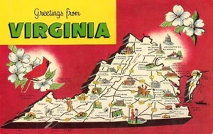 Postcard VA: Greetings from Virginia, Map, Cardinal, 1950's, Unposted - Imagen 1 de 2