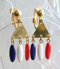 Mid Century Modern Red, White & Blue Drop Gold-tone Clip Earrings 1960s 1 5/8"