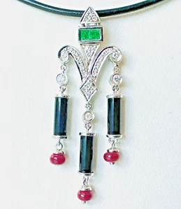 Colgante Diamante Esmeralda Ónix Rubí Oro Blanco 18k Estilo Art Deco - Imagen 1 de 13