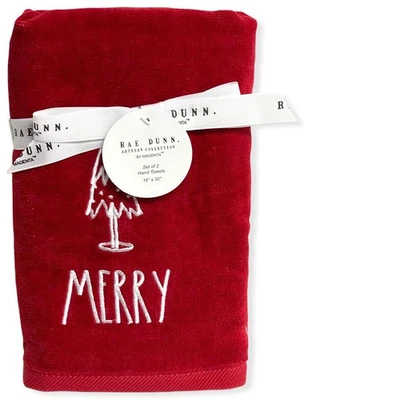 Rae Dunn Hand Towels Red Set of 2 - MERRY LL White 16'x 30' Christmas Holiday - Image 1 of 4