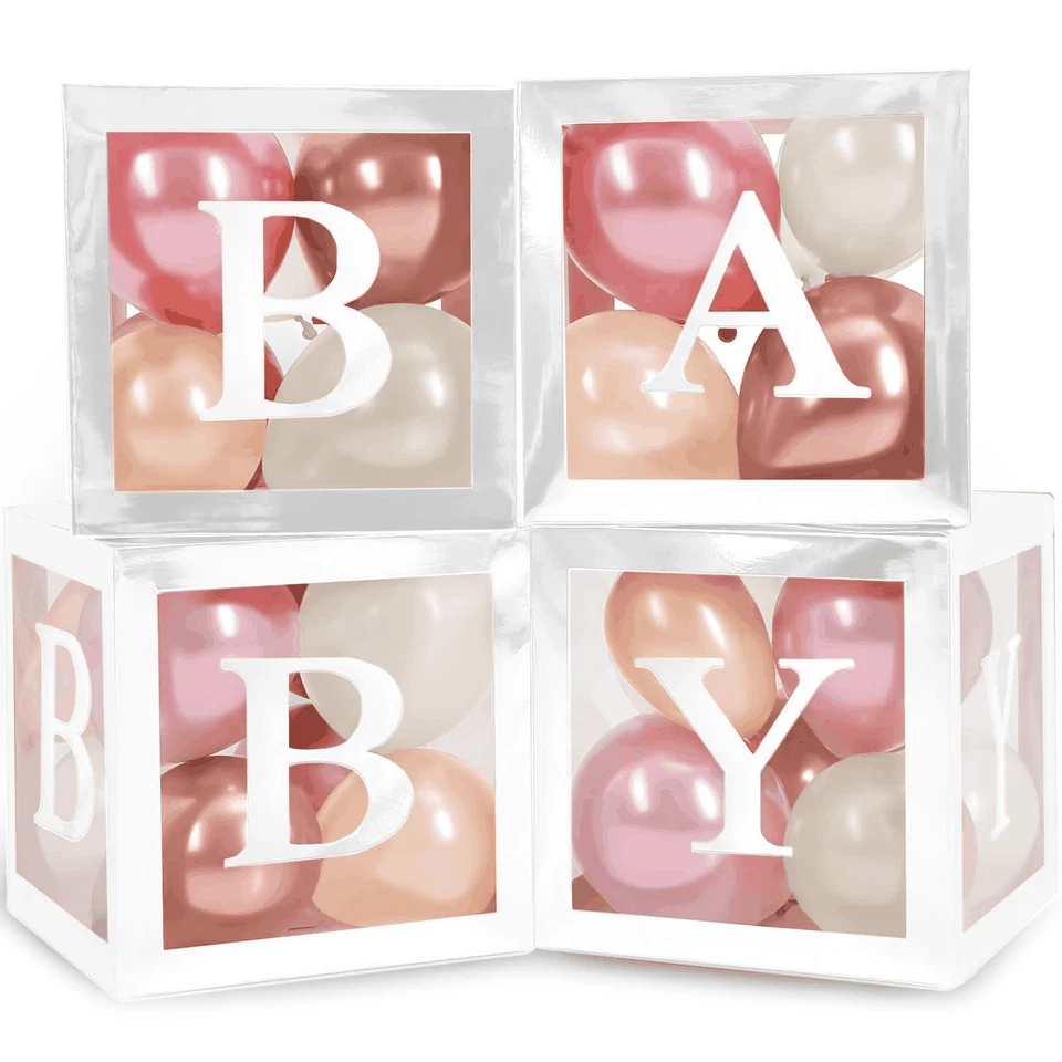 Cajas de baby shower con letras 44 piezas cajas blancas oro rosa polvoriento rosa globos Foto 1 de 4