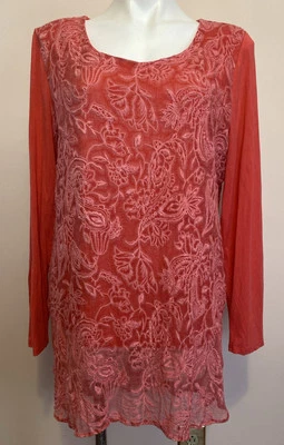 Мягкое окружение коралловый розовый вышитый длинным рукавом шелковая туника верхний Hi низкий XL - Изображение 1 из 4