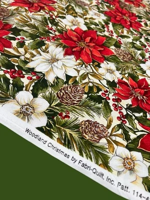 Woodland Christmas de Fabri-Edredón Tela 3 Yardas Poinsettias Piñas Bayas Foto 1 de 4