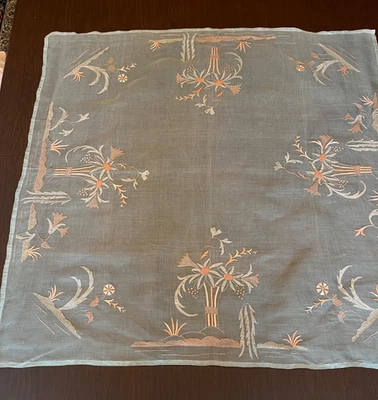 Vintage Embroidered Silk on Organza 36" Square Tablecloth. Pale blue with peach - Image 1 of 4