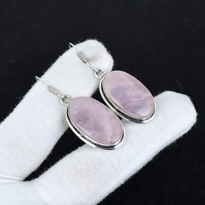 Naturale Quarzo Rosa Gemma Orecchini 925 Argento Sterling Mano Gioielli Regali - Immagine 1 di 4