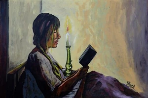 Lettura a lume di candela - Acrilico su tela - 40X60, 2020 - Gaetano Villegiante - Foto 1 di 5