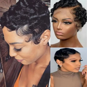 Short Lace Front Wigs Human Hair for Women Short Finger Wave Black Wigs L Part - Picture 1 of 19
