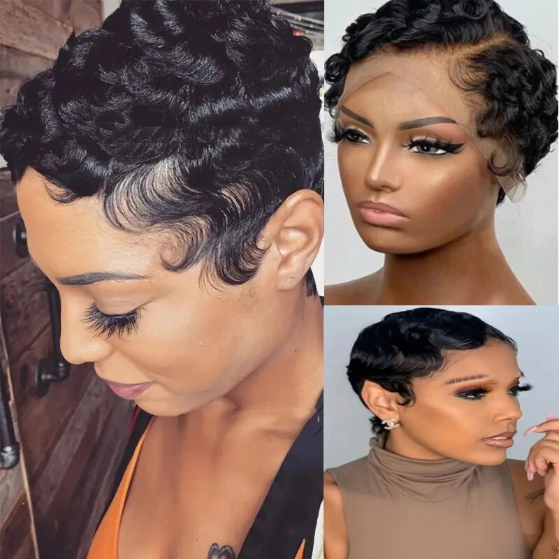 Short Lace Front Wigs Human Hair for Women Short Finger Wave Black Wigs L Part - Image 1 of 4