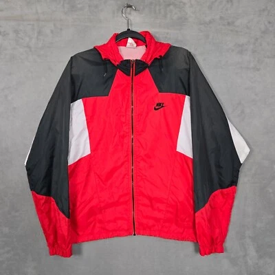 Vintage Nike Full Zip Windbreaker Medium packable hood vented red black gray tag - Image 1 of 4