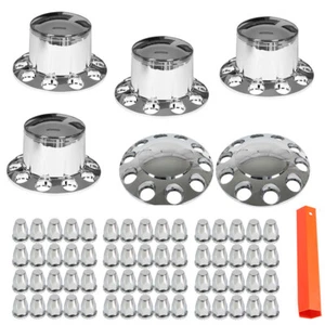 Front & Rear Complete Chrome Hub Cover Semi Truck Wheel Kit Axle Cover 33mm Lug - Picture 1 of 13