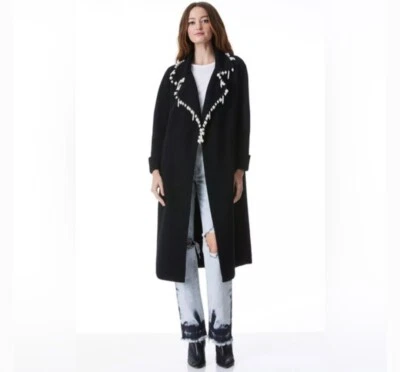 Alice + Olivia Delinda Embellished Wool Sweater Coat Black Faux Pearl Cardigan S - Image 1 of 4