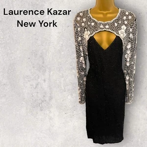 Vestido Laurence Kazar Mujer Vintage Negro Blanco Cuentas Recortado 1980 EE. UU. 8 UK 12 - Imagen 1 de 10
