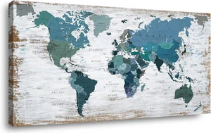 Teal World Map Canvas Framed Artwork Home Wall Decor Art Pictures 20.00 x 40.00 - Picture 1 of 11