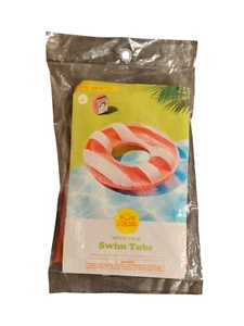 Sun Squad Red White Striped Inflatable Swim Tube Ring 31" Diameter - Picture 1 of 2