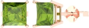 Solid 14k Rose Gold Natural Green Princess Cut Peridot Solitaire Studs Earrings - Picture 1 of 4