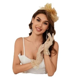 Fascinator Hat Veil Feather Fascinator Tea Party Bridal C-gold Hat&gloves - Picture 1 of 7