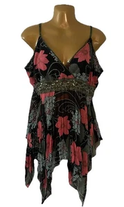 Y2K Vtg Babydoll Strappy Flowy Cami Top Sheer Handkerchief Floral Beaded Lace 2X - Picture 1 of 7