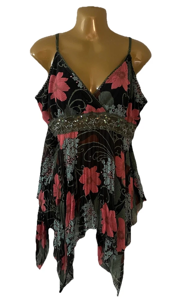 Y2K De Colección Babydoll Tirantes Fluido Cami Top Pañuelo Transparente Floral Cuentas Encaje 2X Foto 1 de 4